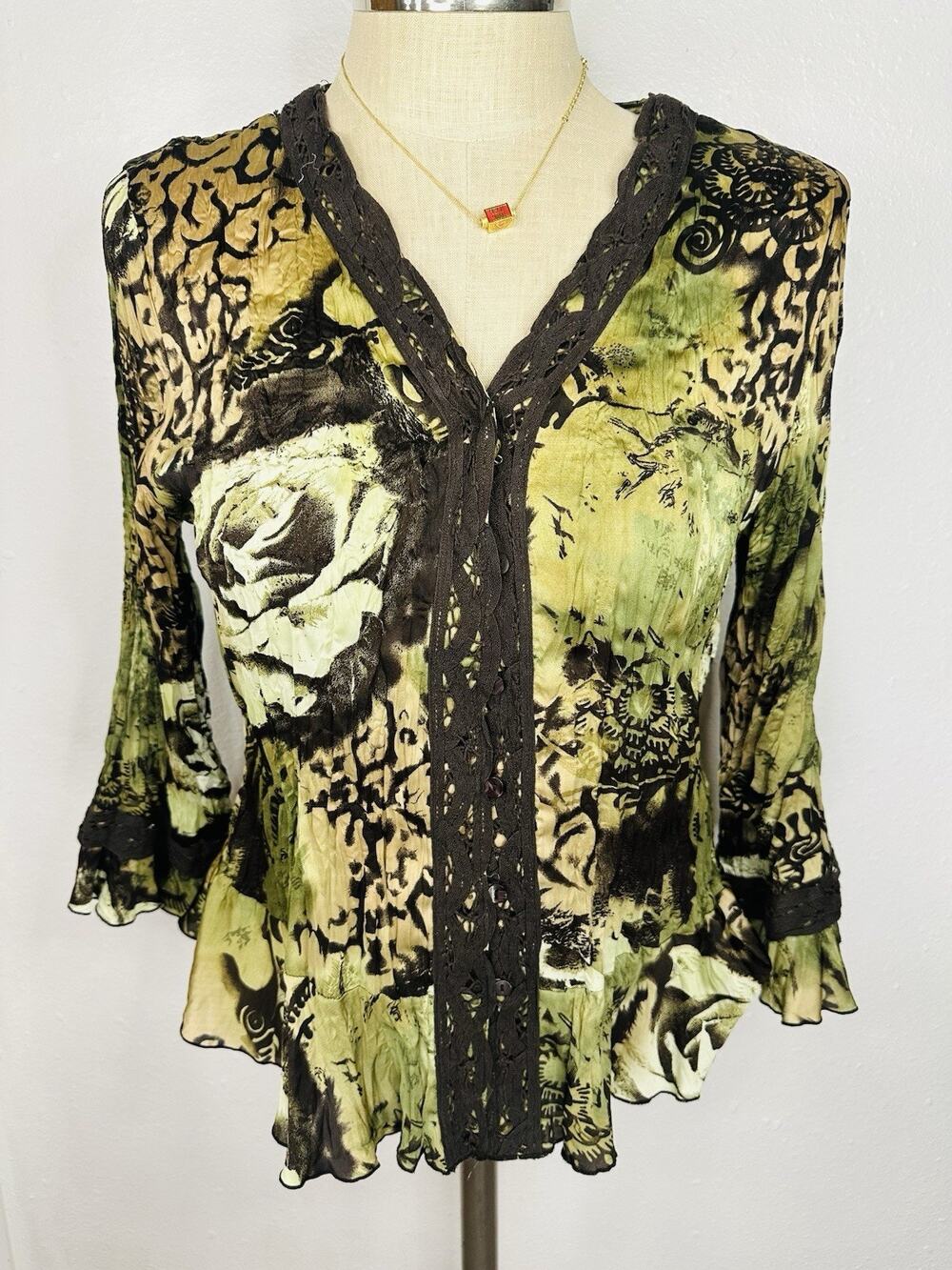 Green & Brown Floral Button Up Flare Blouse Large Dress Barn Fairy Grunge Y2K